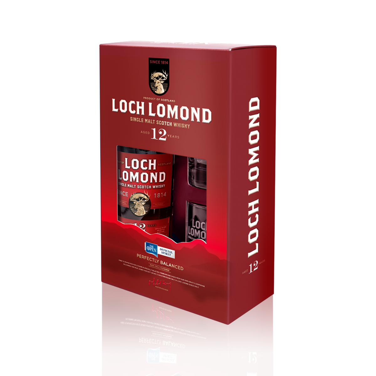 Loch Lomond 12 Year Old Single Malt Scotch with Custom Glass - Red